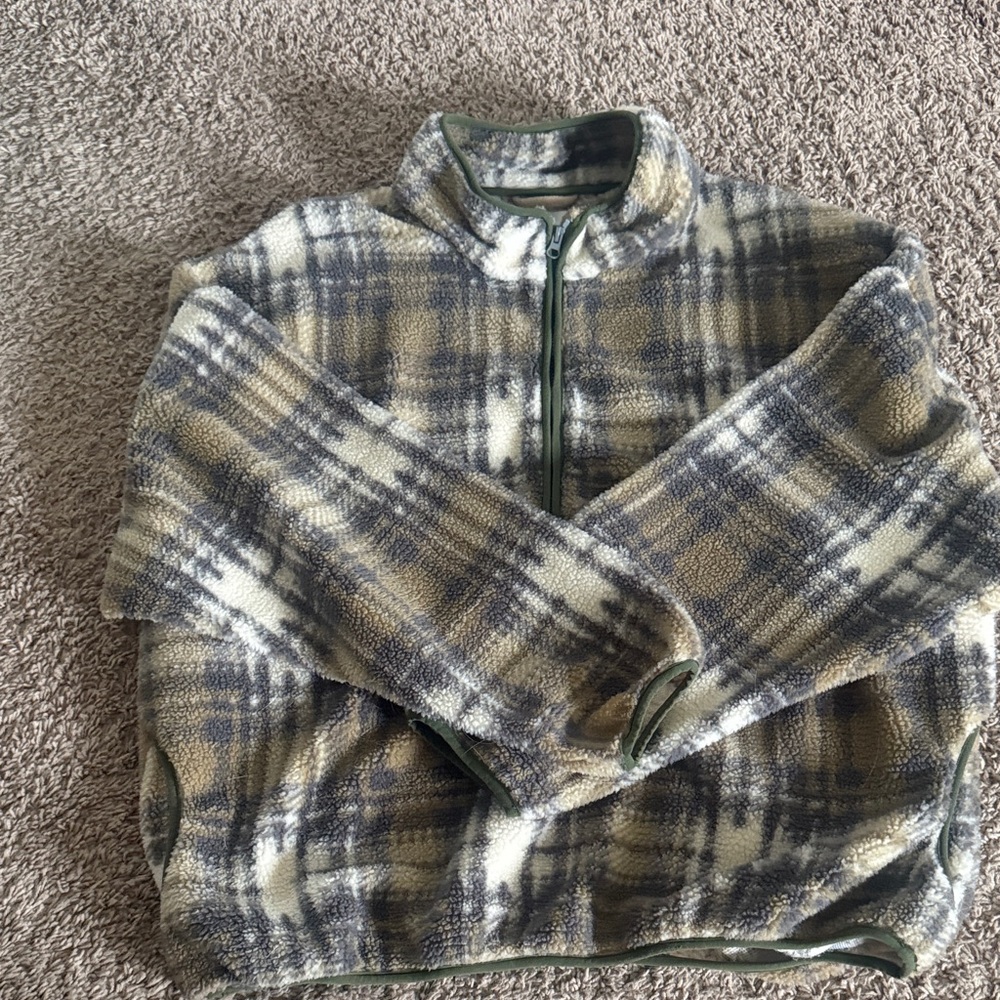 Men's BDG Plaid Sherpa Half-Zip Sweater - Olive, Gray & Cream